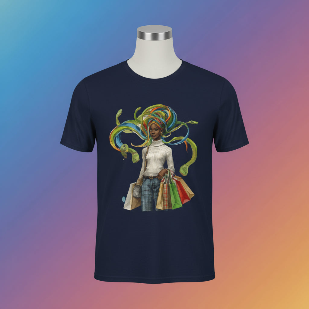 Navy blue t-shirt with a colorful graphic of a woman with a headdress and shopping bags on a white background.