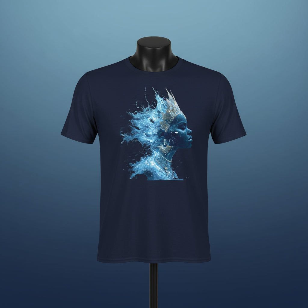 Navy blue t-shirt with a graphic of a woman's face融合into water splashes on a white background