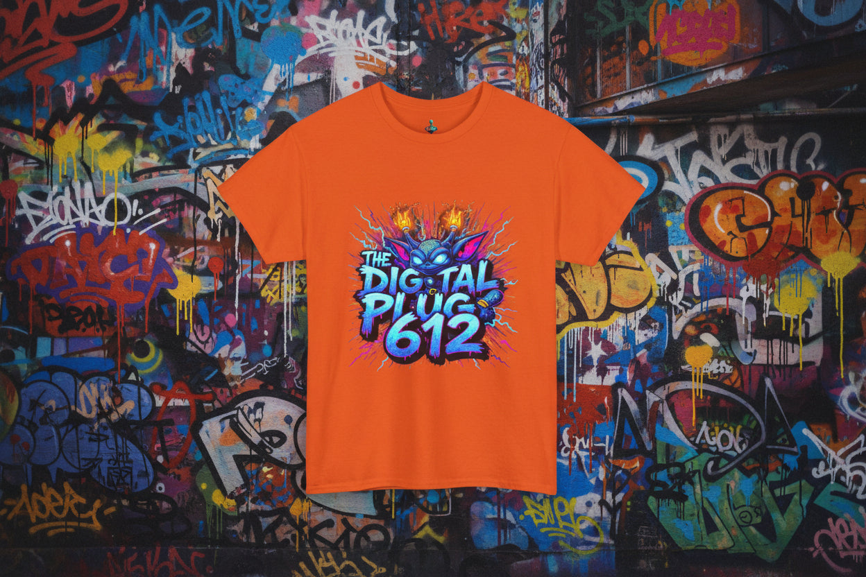 Orange t-shirt with colorful graphic design and text on a white background