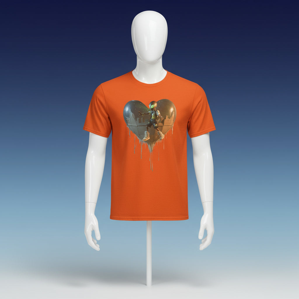 Orange t-shirt with a graphic design of a heart-shaped window and a person on a motorcycle.