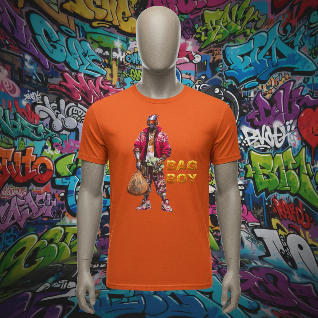 Orange t-shirt with graphic of a person holding a bag and 'BAG BOY' text on a white background