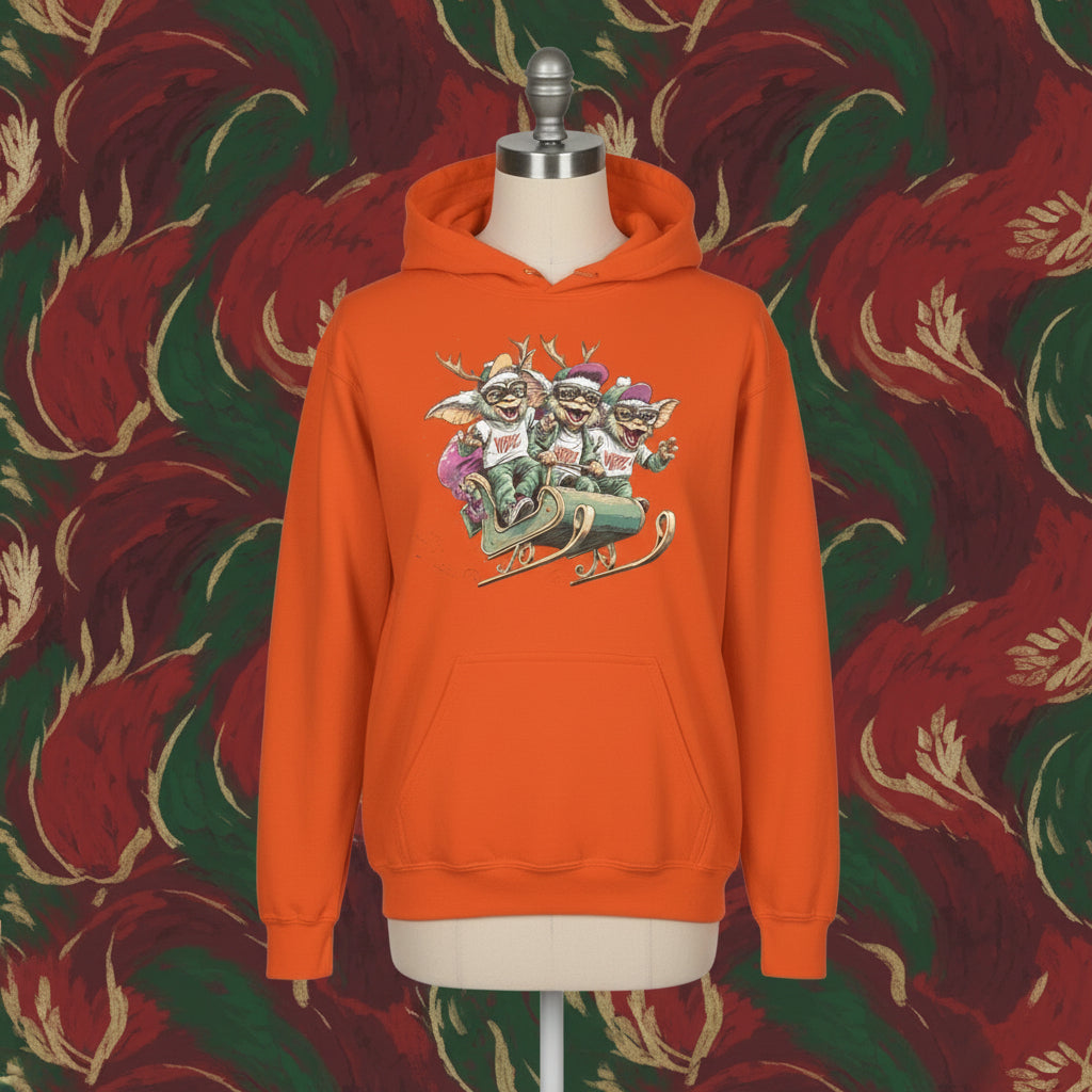 Orange hoodie with a graphic design of three characters on a white background