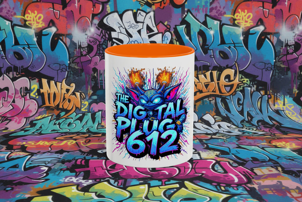 Mug with colorful design and text 'The Digital Plug 612' on a white background
