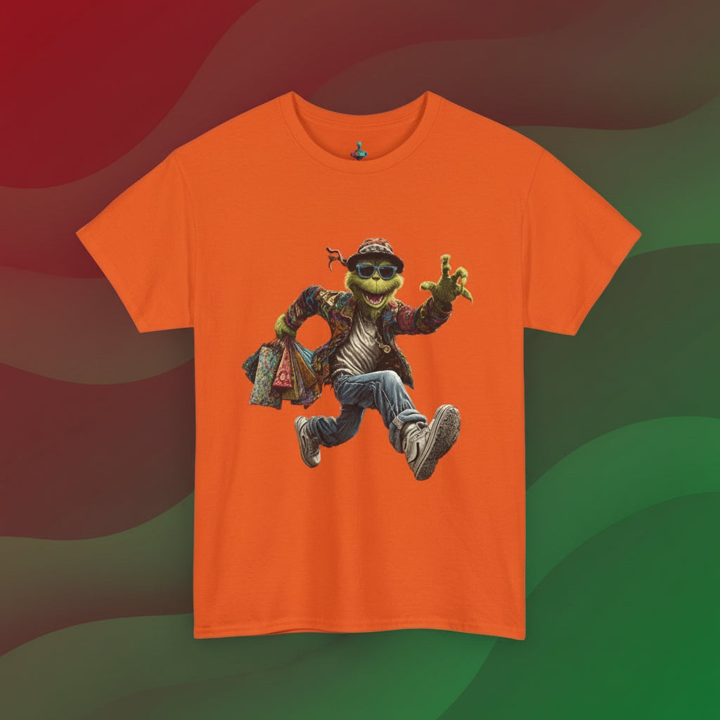 Orange t-shirt with a graphic of a character in a stylish outfit on a white background