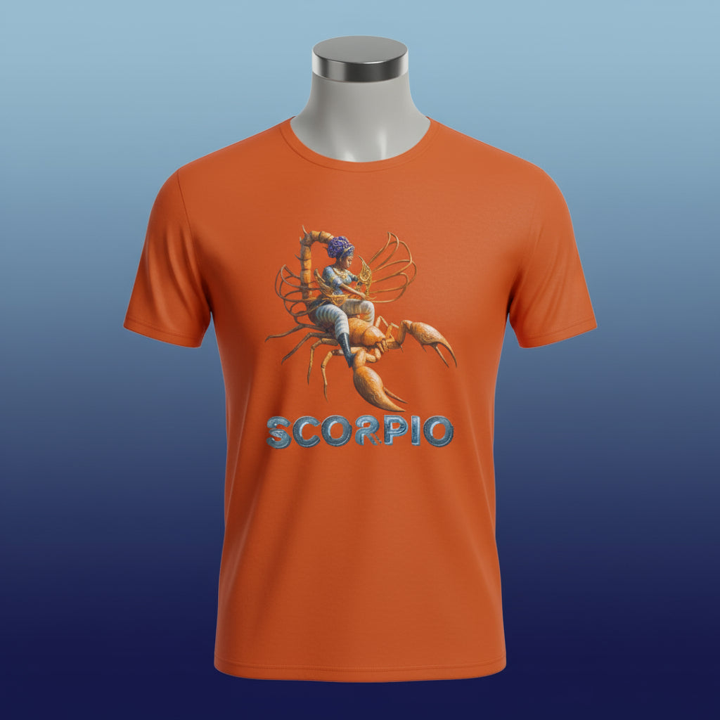 Orange t-shirt with a Scorpio zodiac design on a white background