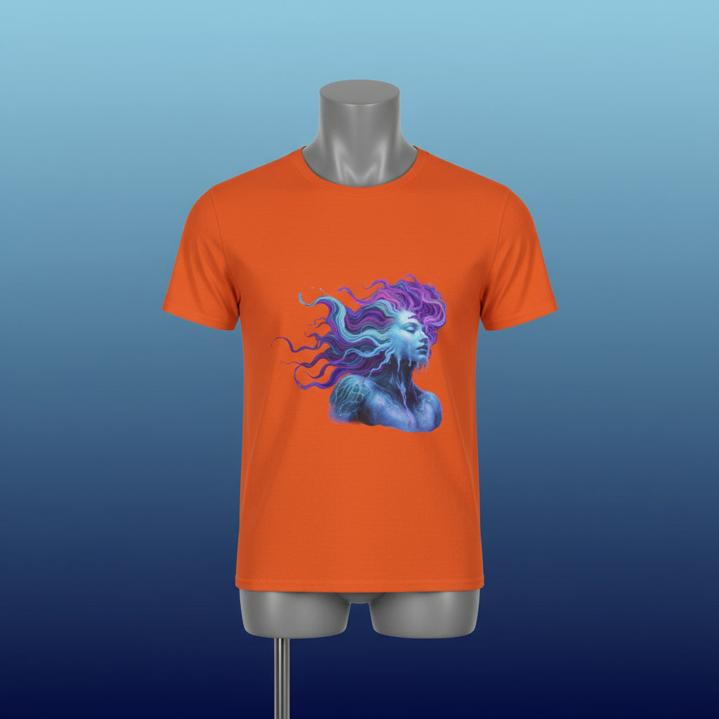 Orange t-shirt with a blue and purple graphic design on a white background