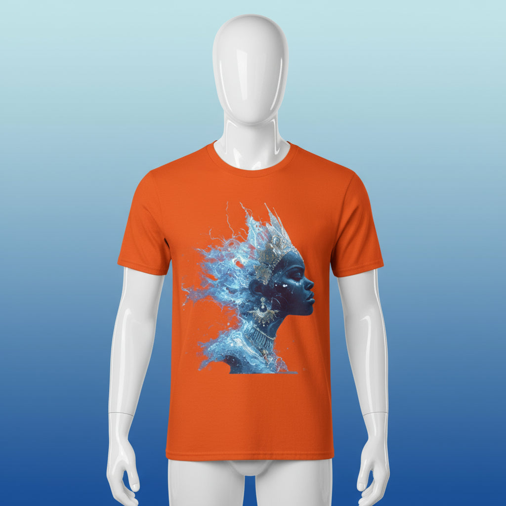 Orange t-shirt with a blue artistic design of a face on a white background