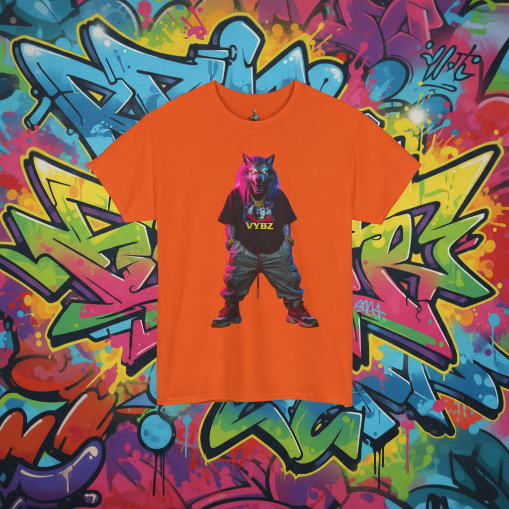 Orange t-shirt with a graphic of a colorful wolf character wearing a black shirt with 'VYBZ' on it, on a white background.