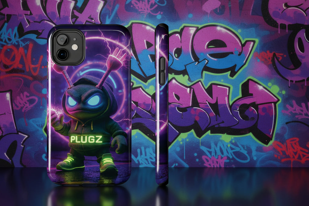 Phone case with a character design and 'PLUGZ' branding on a purple background