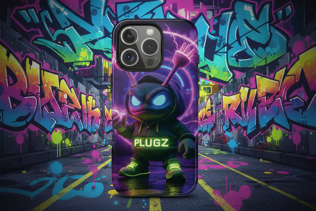Phone case with a character holding a lightning bolt and 'PLUGZ' branding on a purple background