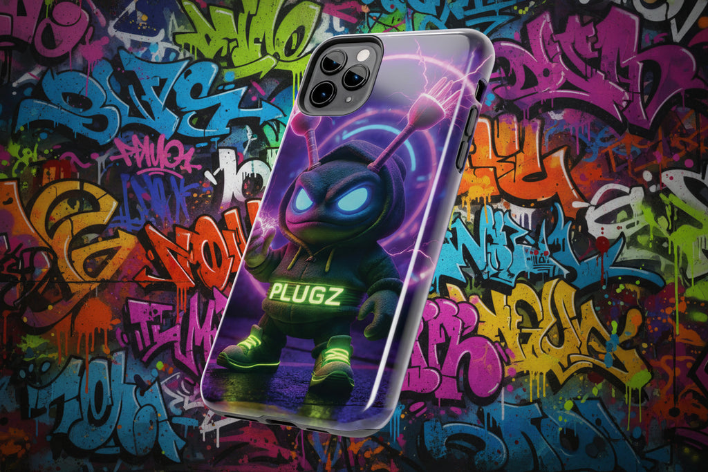 Phone case with a robot design and 'PLUGZ' branding on a purple background
