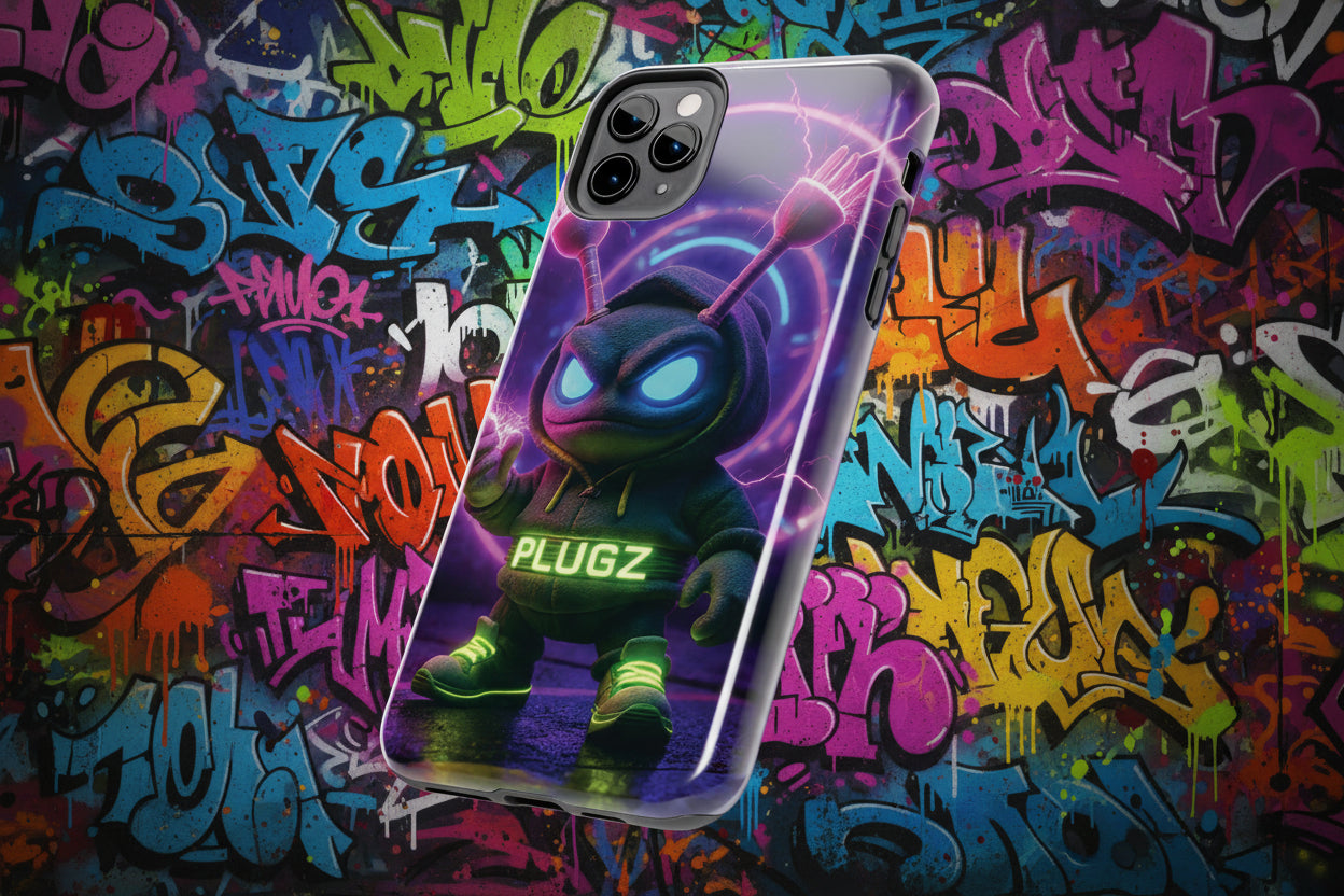 Phone case with a robot design and 'PLUGZ' branding on a purple background