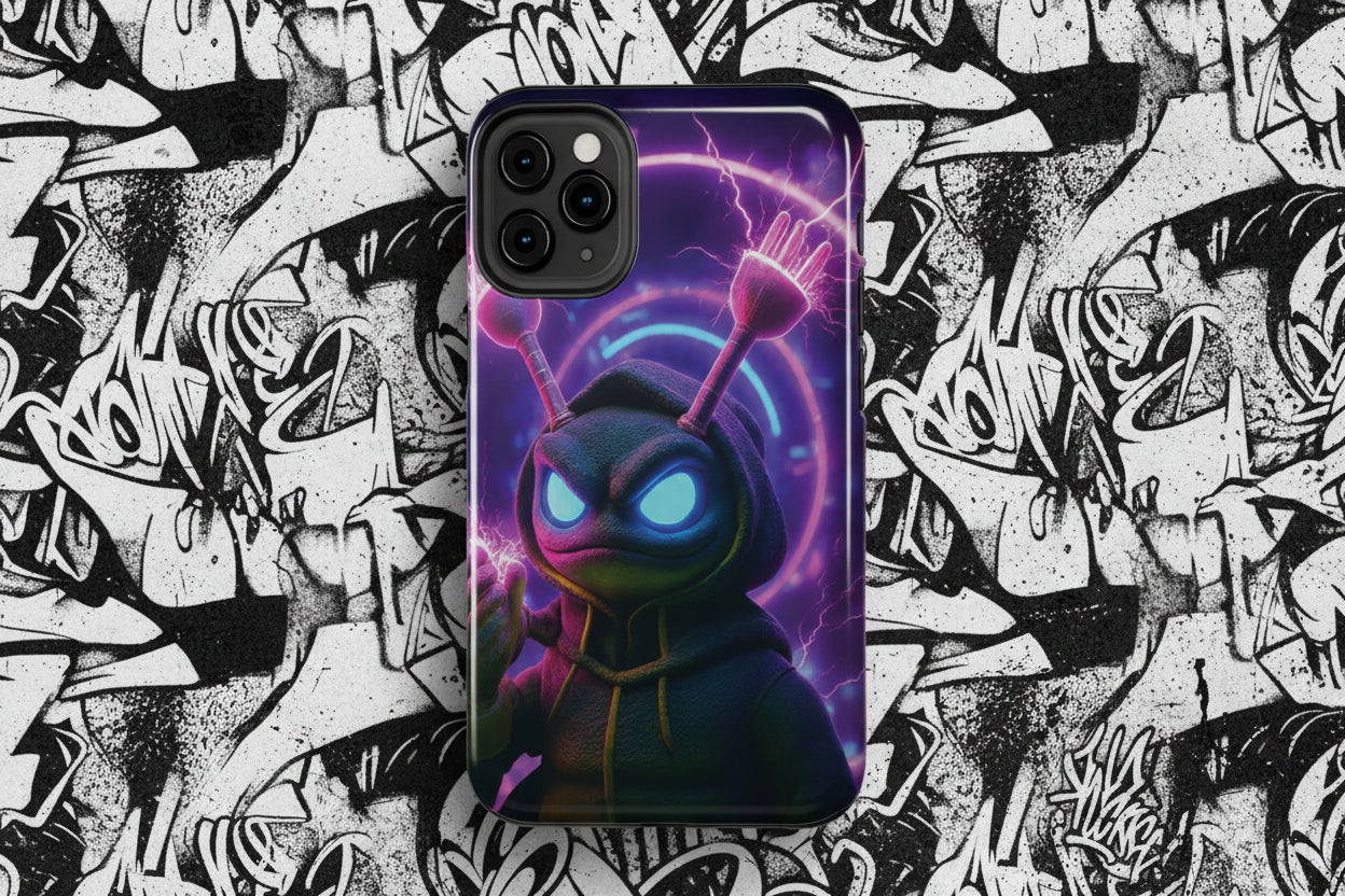Phone case with a futuristic alien design on a purple background