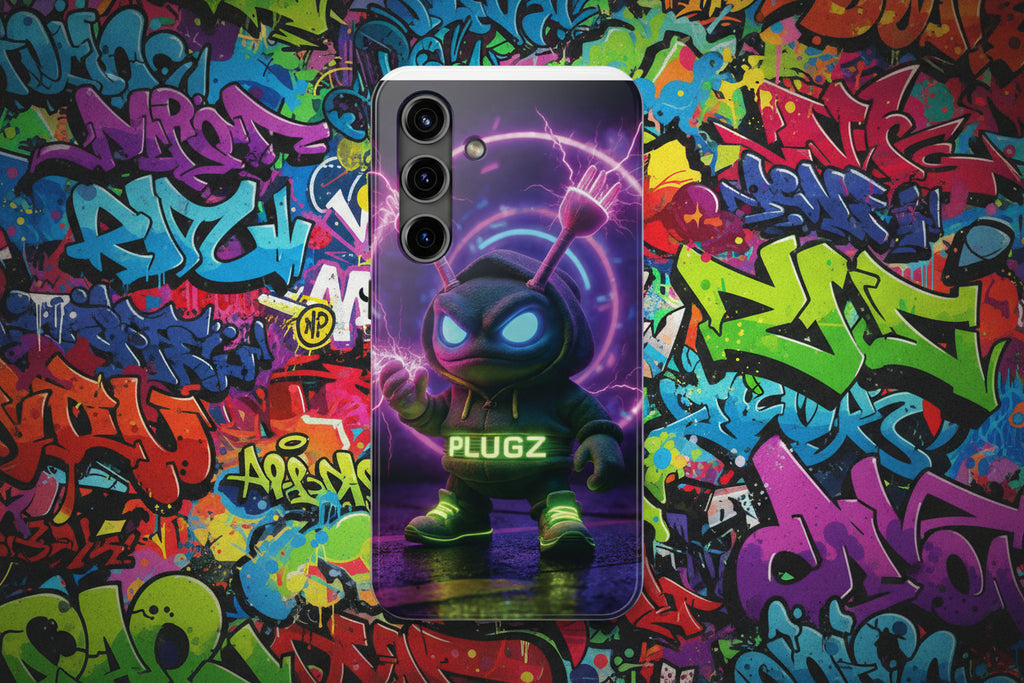 Phone case with a character holding a dart and 'PLUGZ' branding on a purple background