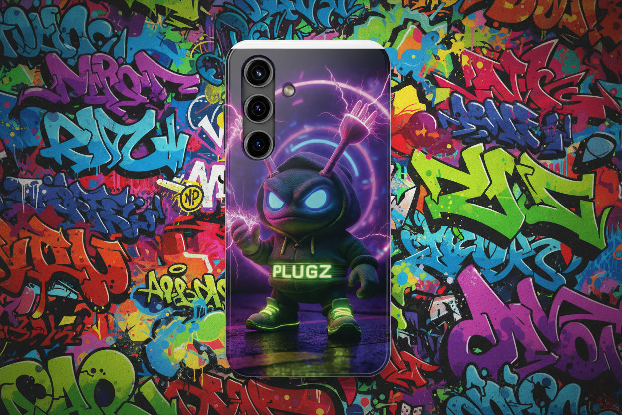 Phone case with a character holding a dart and 'PLUGZ' branding on a purple background