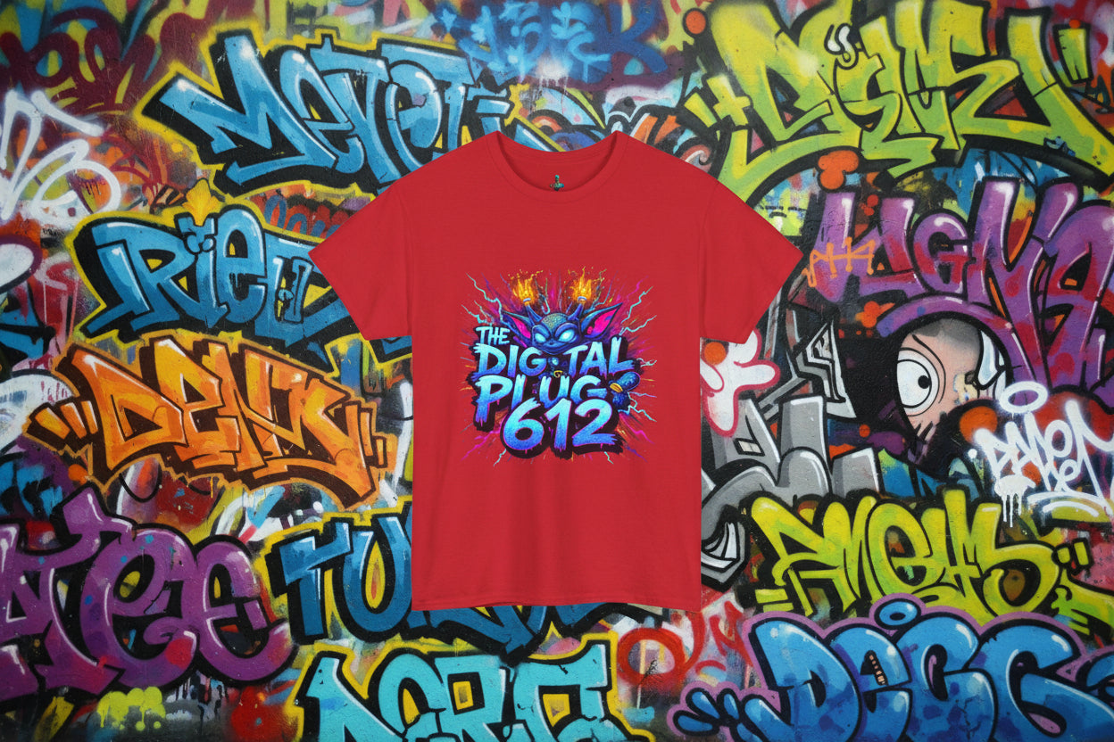 Red t-shirt with colorful graphic design and 'The Digital Plug 612' text on a white background