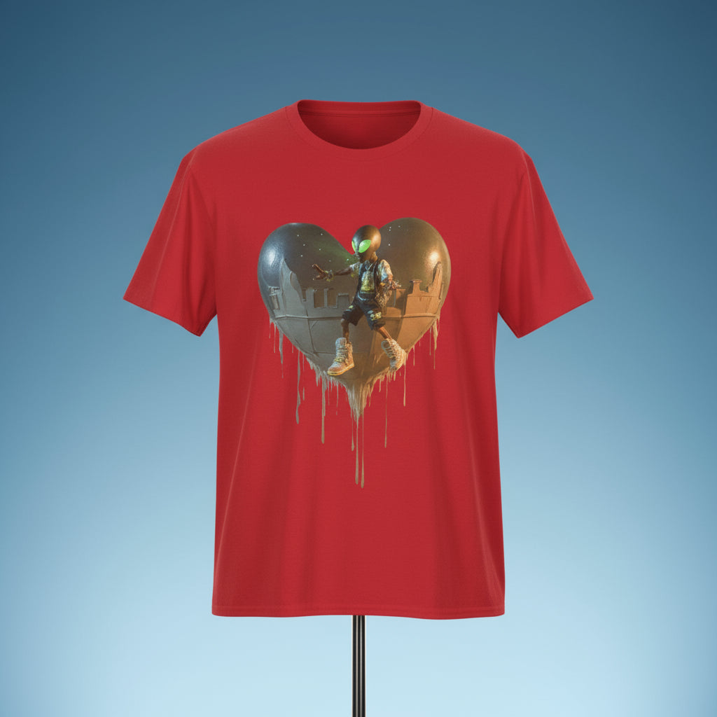 Red t-shirt with a graphic design of a heart and a person on a white background