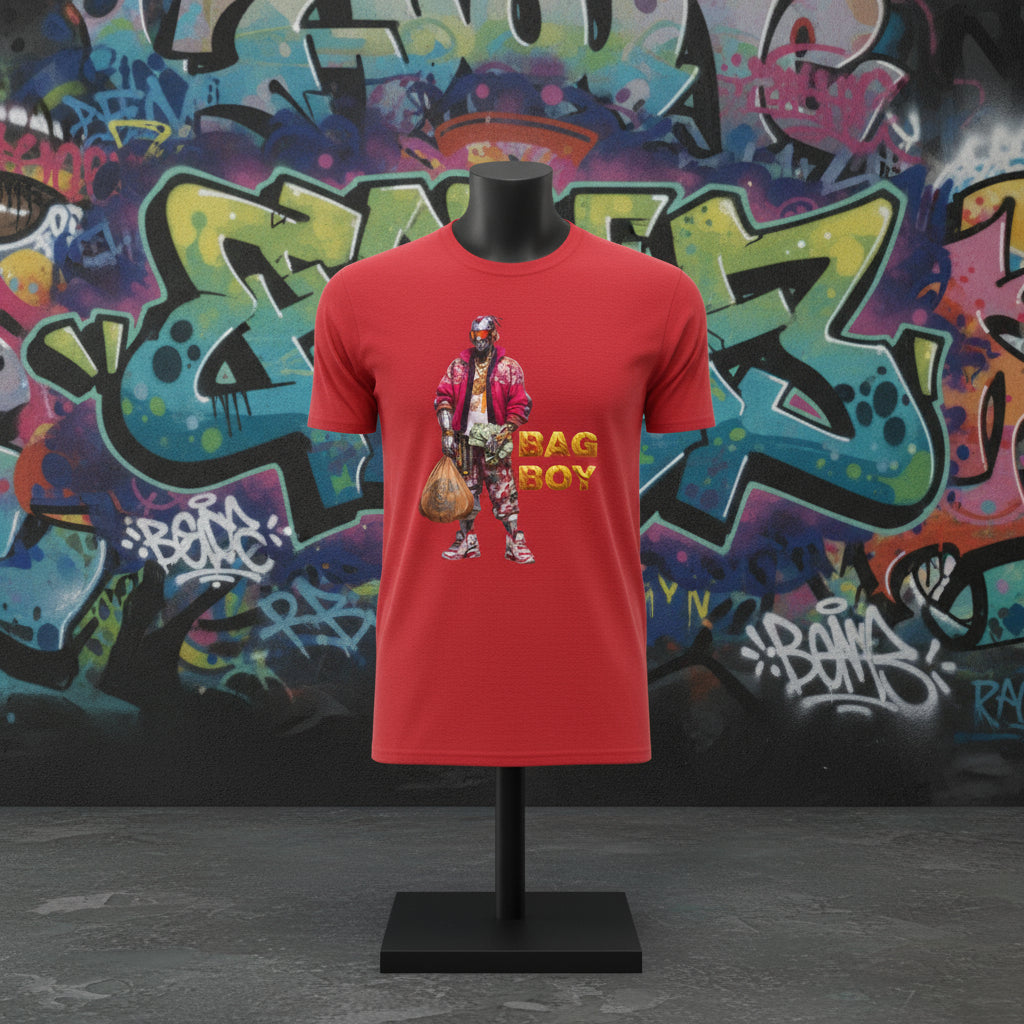 Red t-shirt with a graphic of a person holding a bag and the text 'Bag Boy' on a white background.
