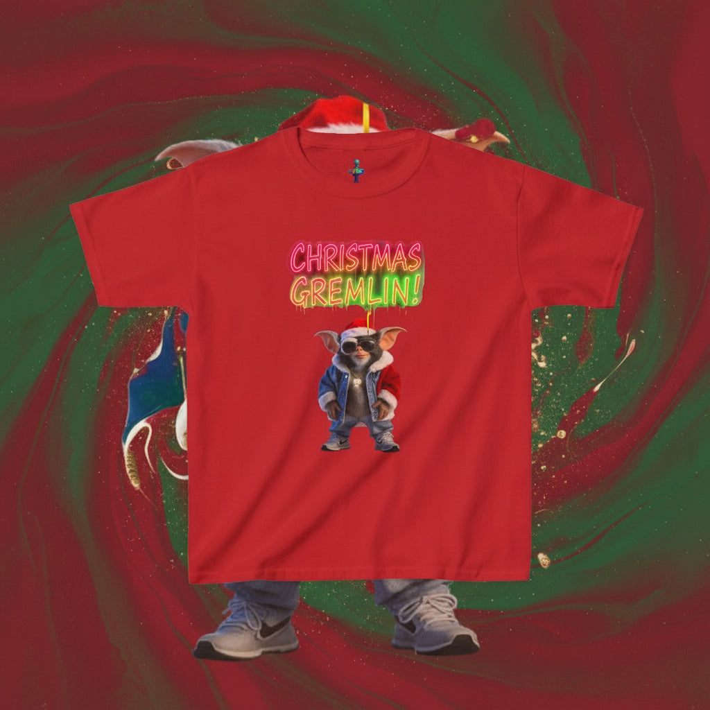 Red t-shirt with a graphic of a gremlin and 'Christmas Gremlin' text on a white background