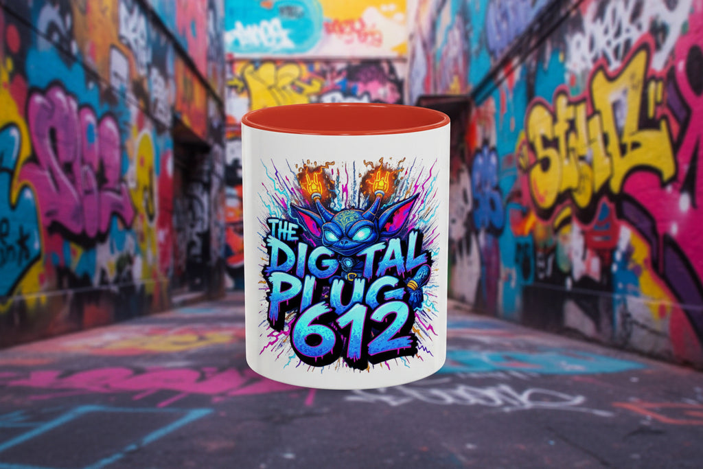 Mug with colorful design and text 'The Digital Plug 612' on a white background