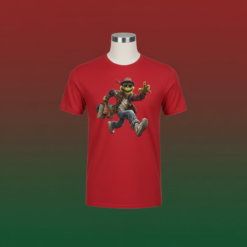 Red t-shirt with a character graphic on a white background