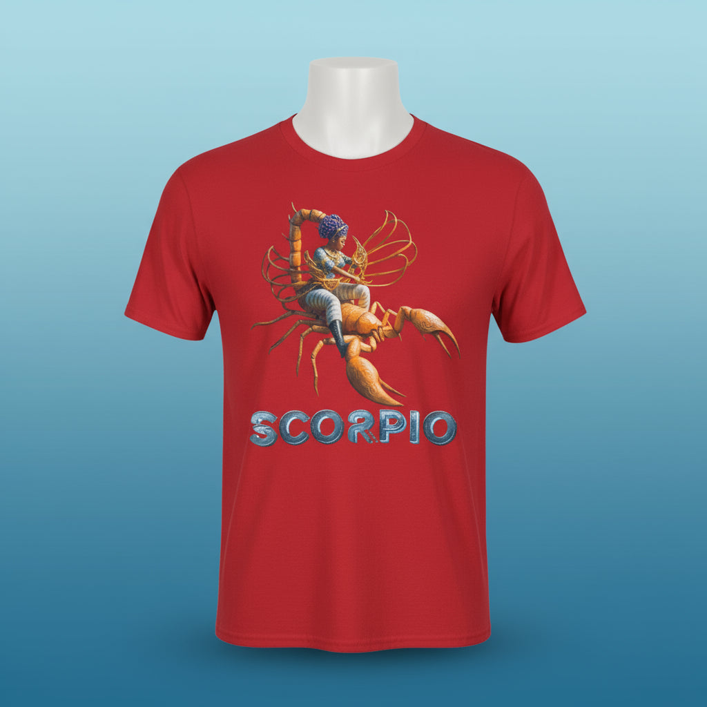 Red t-shirt with a Scorpio zodiac design on a white background