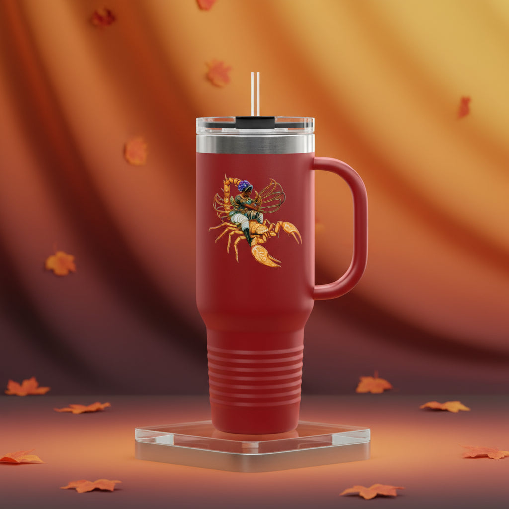 Red travel mug with a colorful scorpion design on a white background