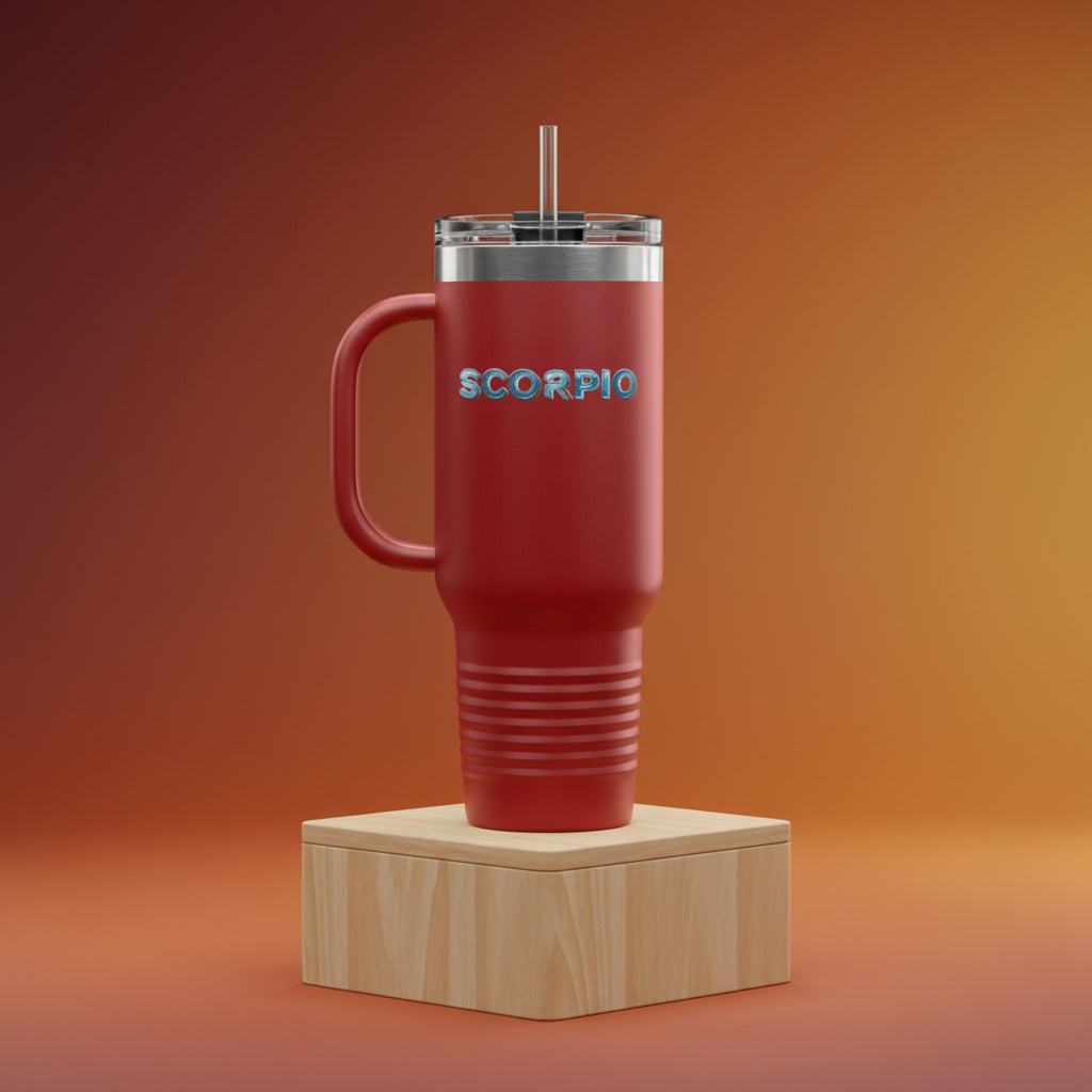 Red mug with 'SCORPIO' text on a white background