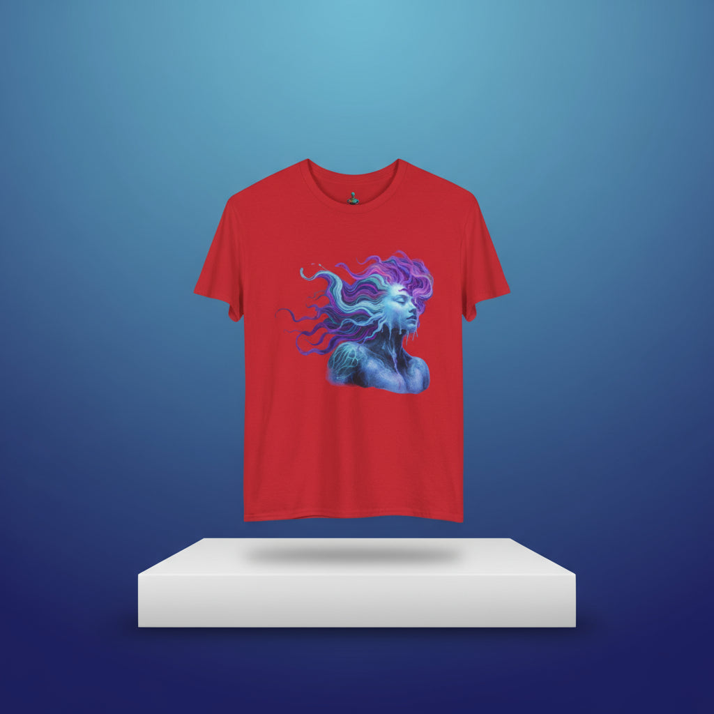 Red t-shirt with a blue and purple graphic design on a white background