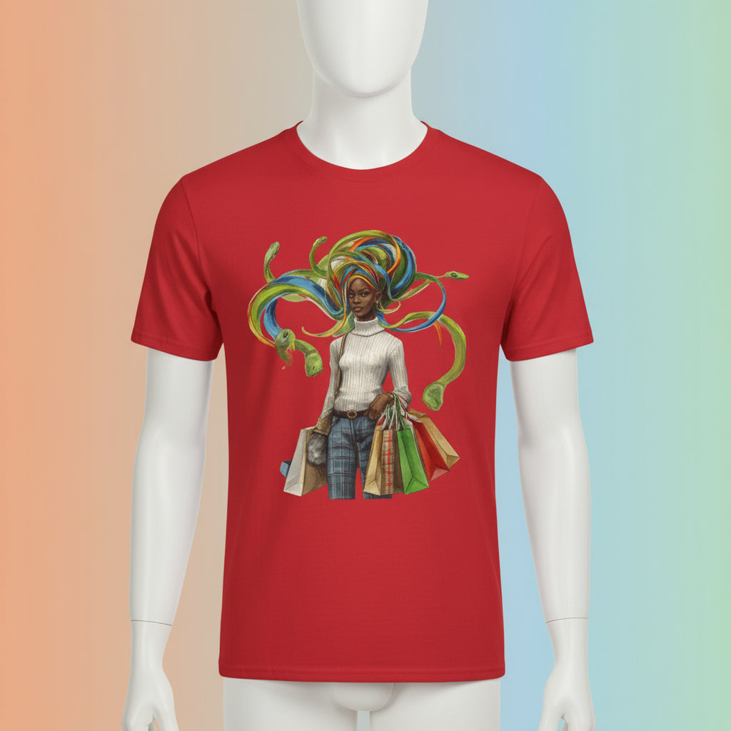 Red t-shirt with a colorful graphic of a woman with a headwrap and shopping bags on a white background