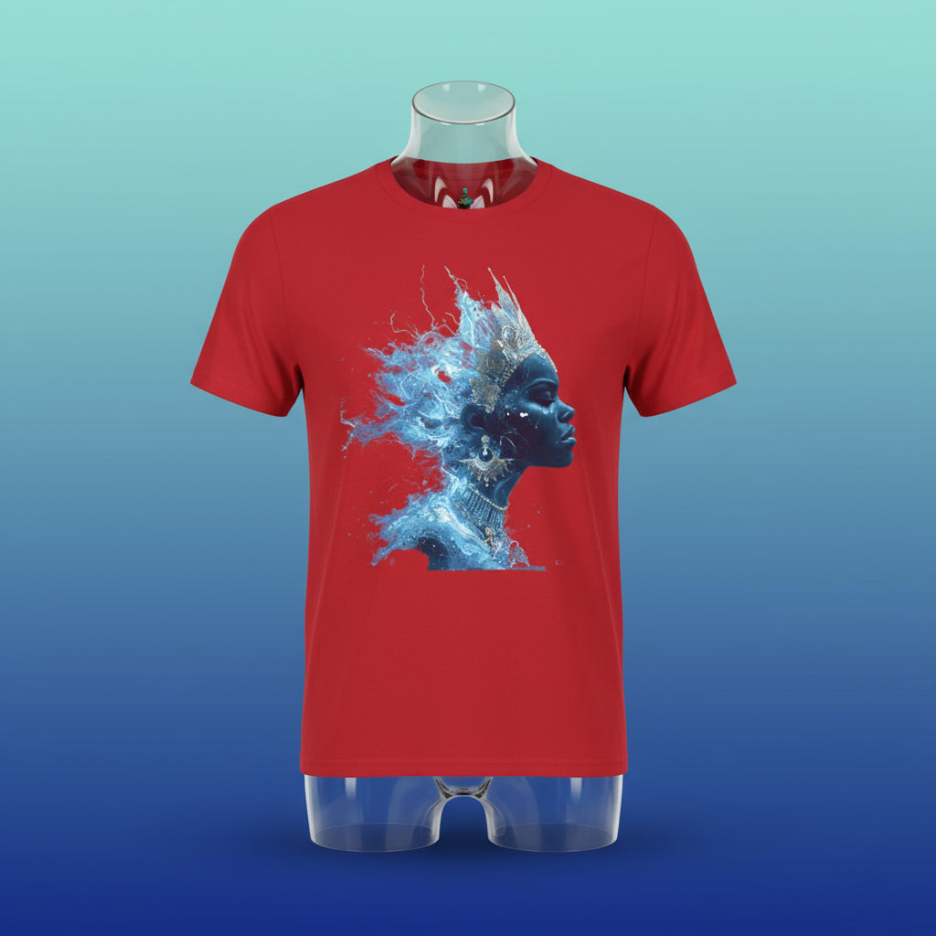 Red t-shirt with a blue artistic design of a face on a white background