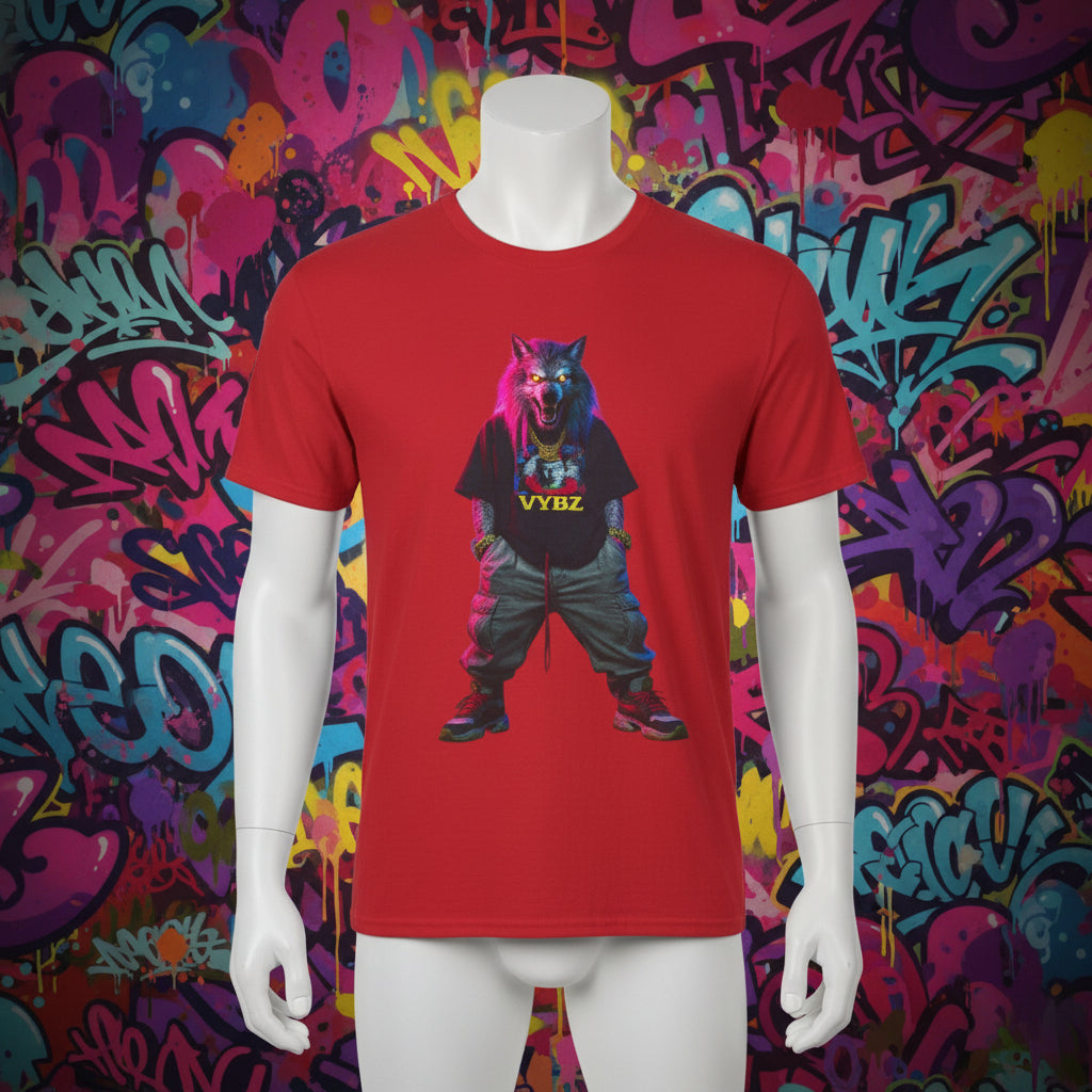 Red t-shirt with a graphic of a wolf in a hoodie and pants on a white background