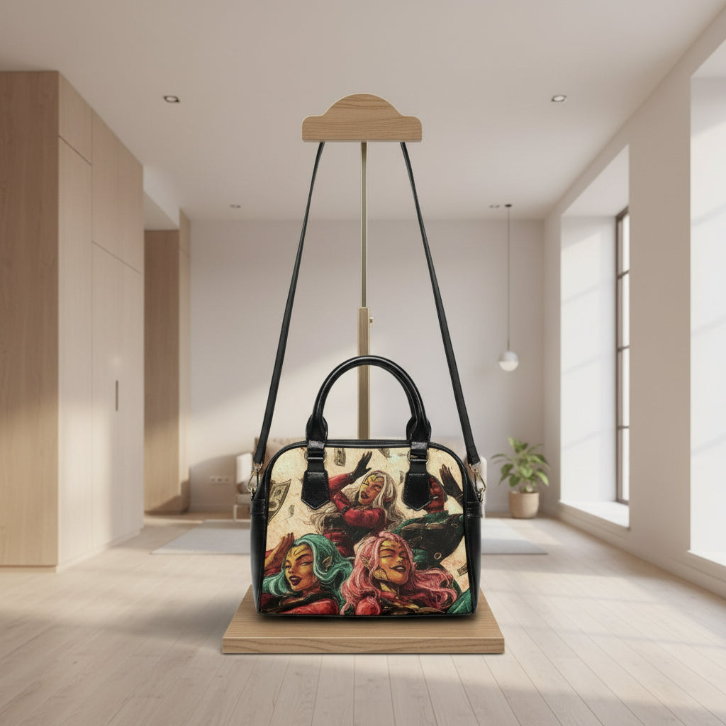 Handbag with tattoo-style design on a white background