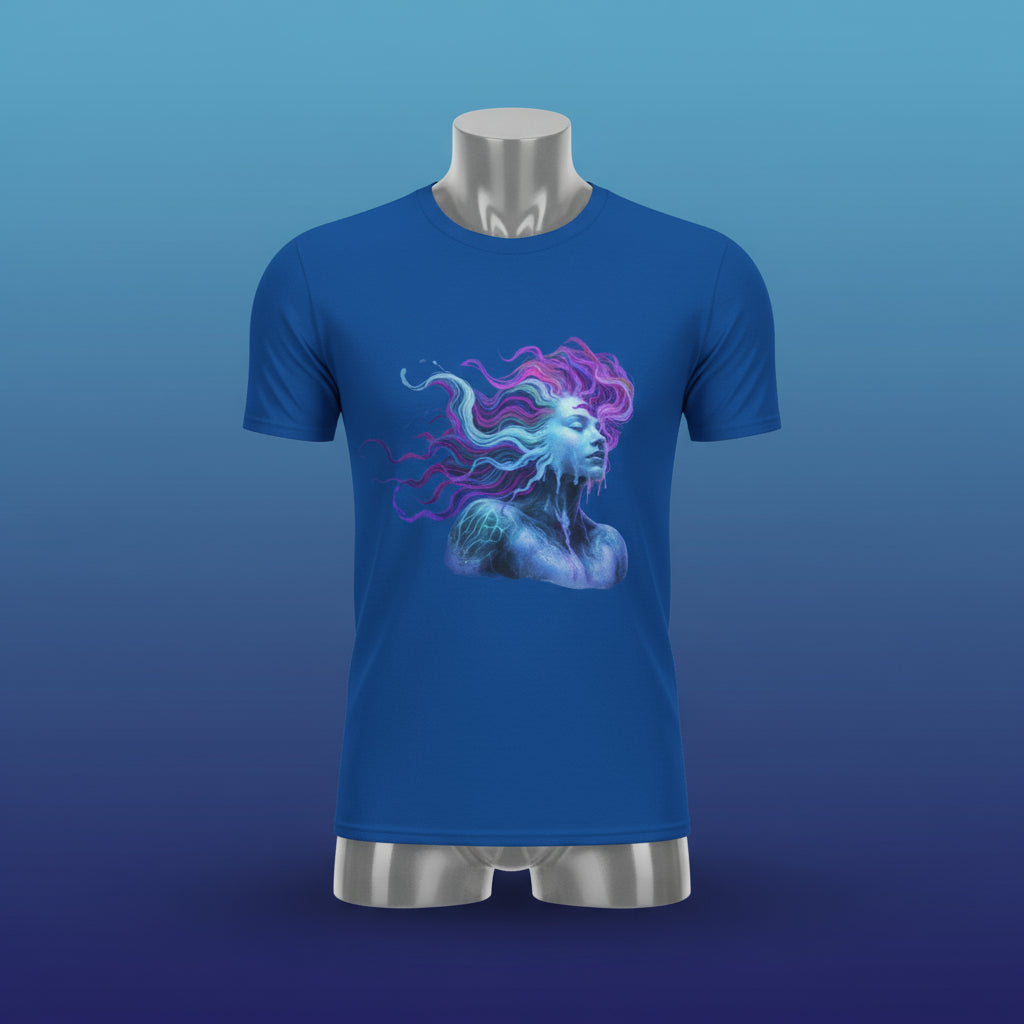 Blue t-shirt with a graphic of a woman with flowing hair on a white background