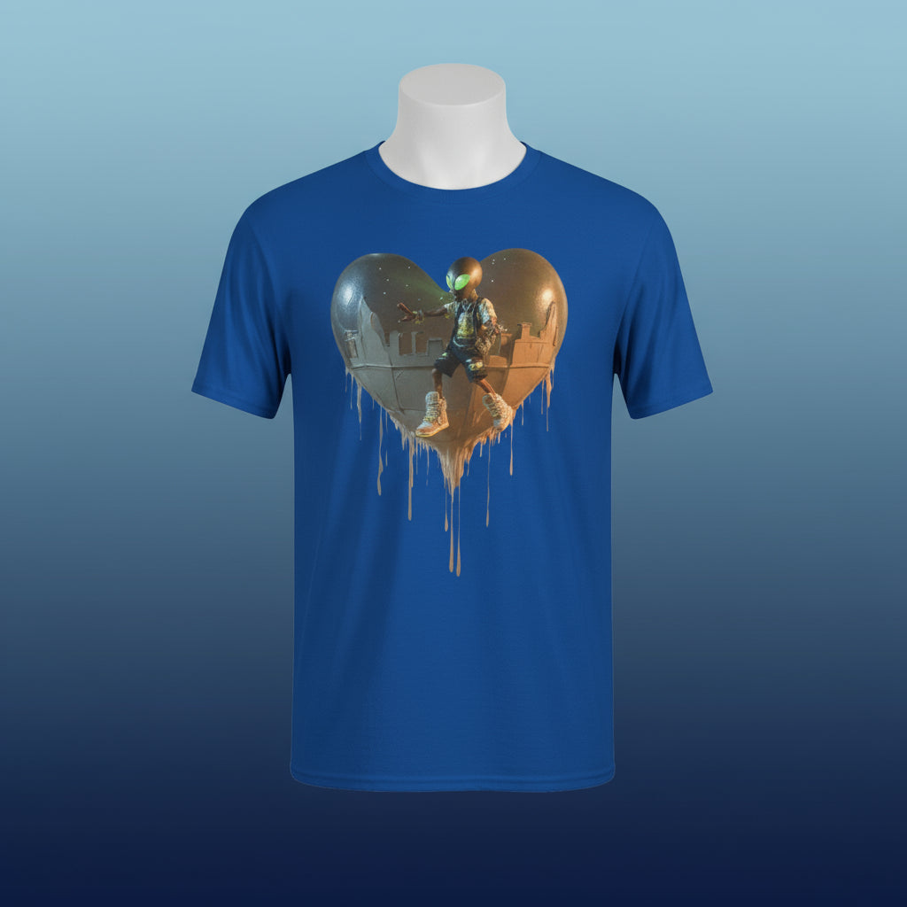 Blue t-shirt with a heart-shaped graphic design on a white background