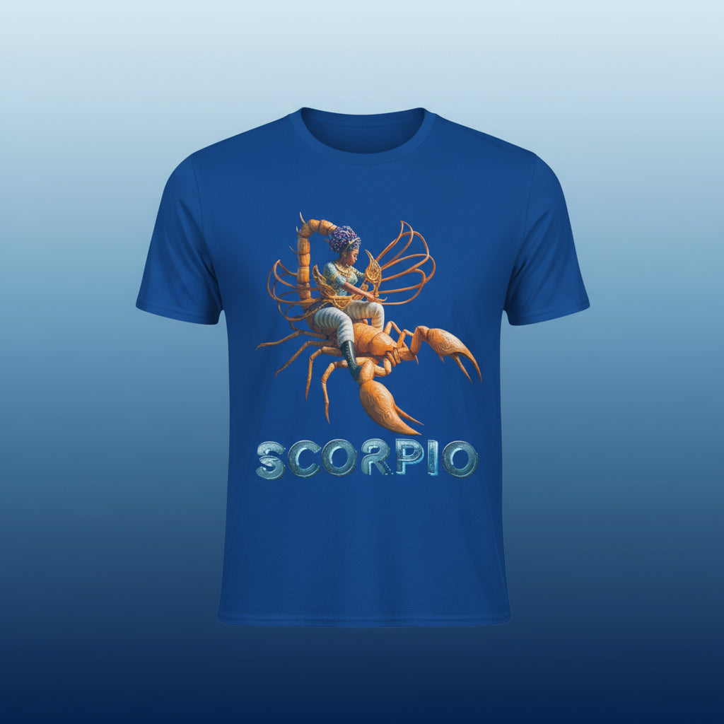Blue t-shirt with a Scorpio zodiac design on a white background