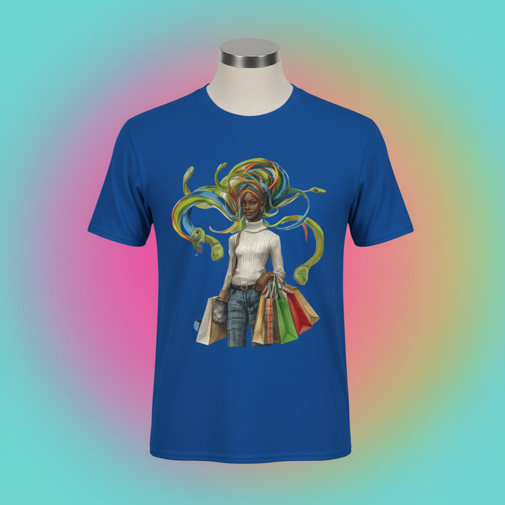 Blue t-shirt with a colorful graphic of a woman with braided hair and shopping bags on a white background