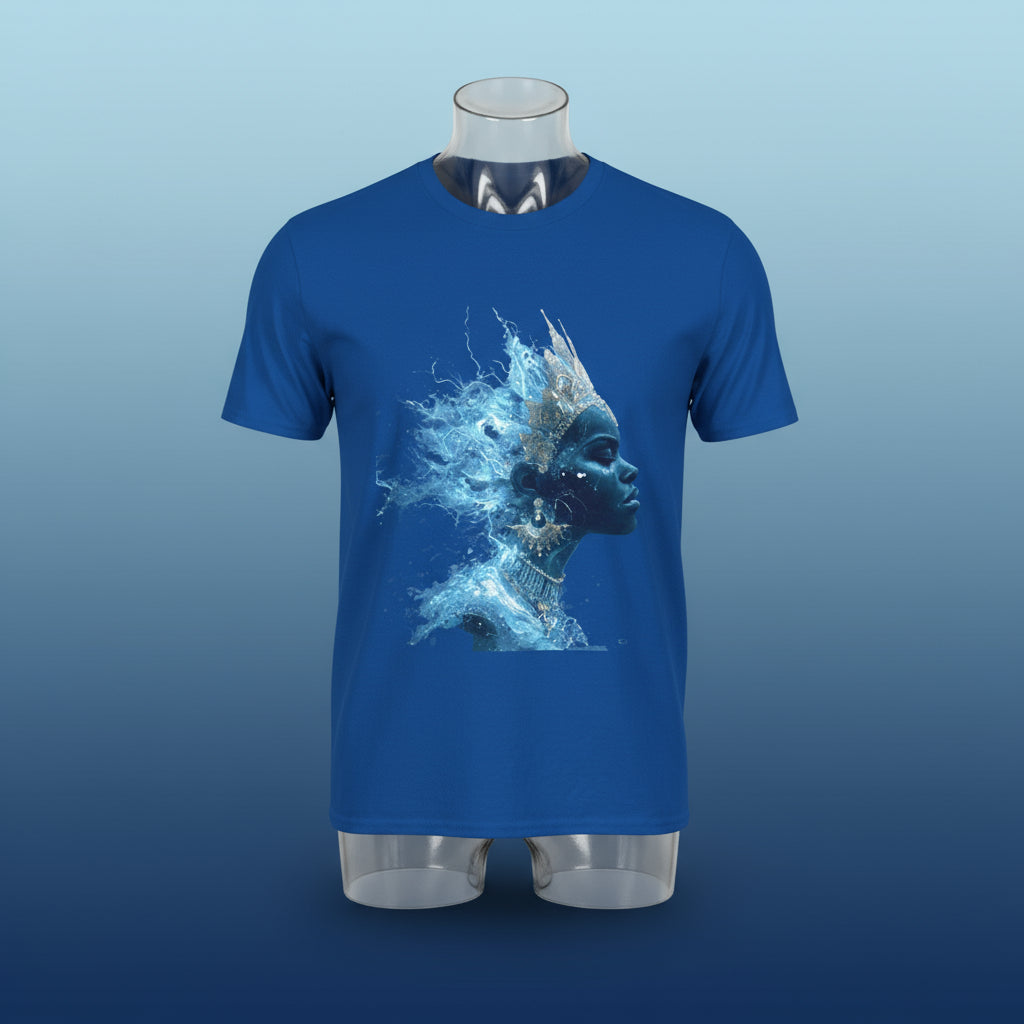 Blue t-shirt with a graphic of a woman's profile on a white background