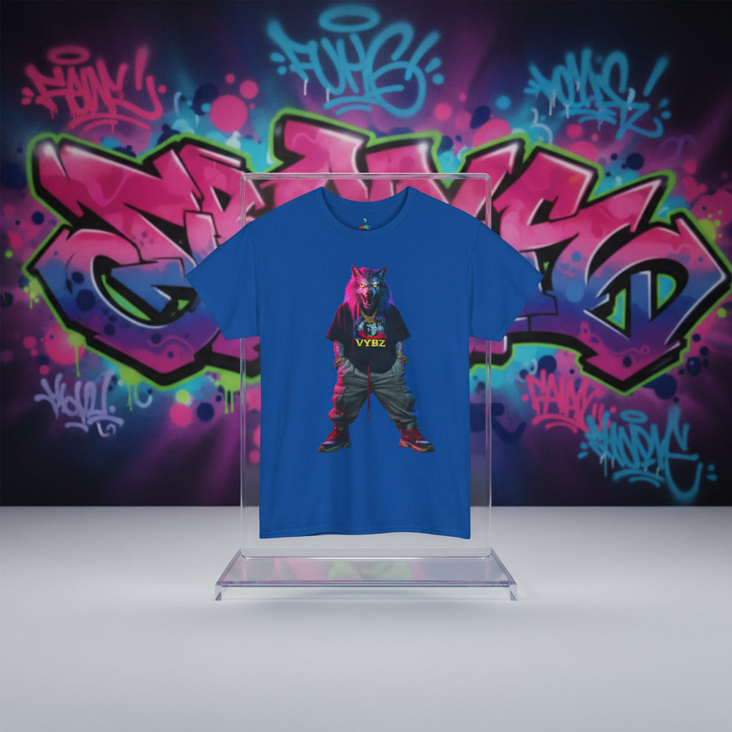 Blue t-shirt with a colorful graphic of a wolf wearing a hoodie and pants on a white background