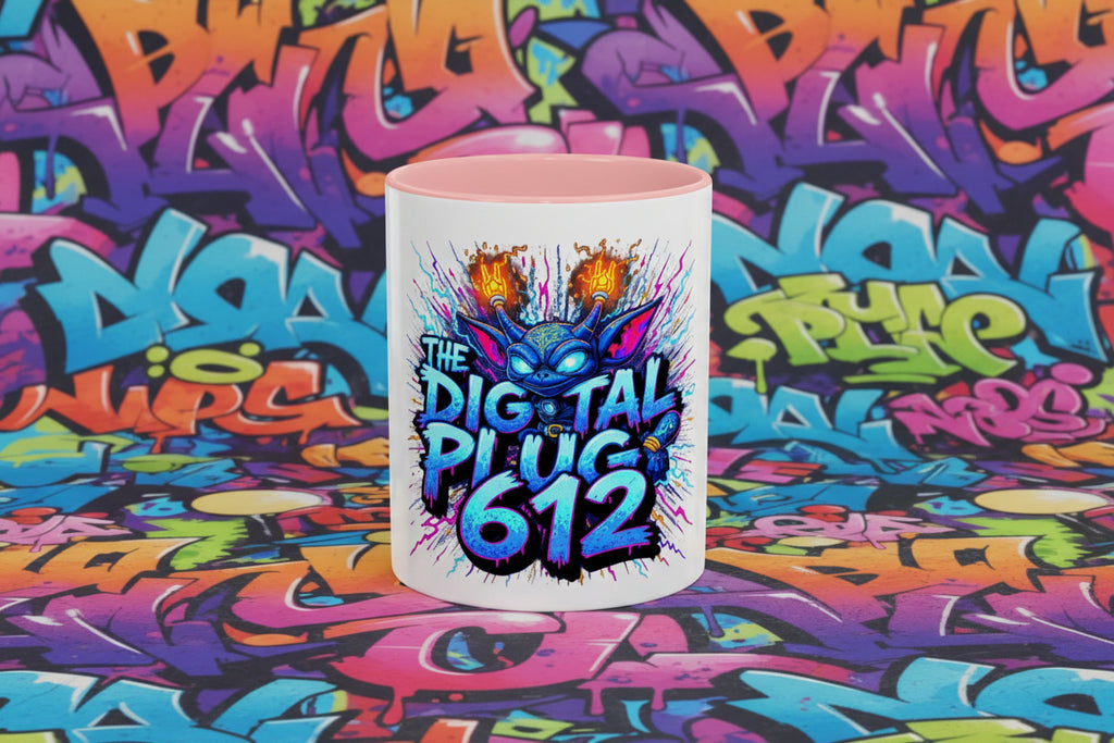 Mug with colorful design and text on a white background