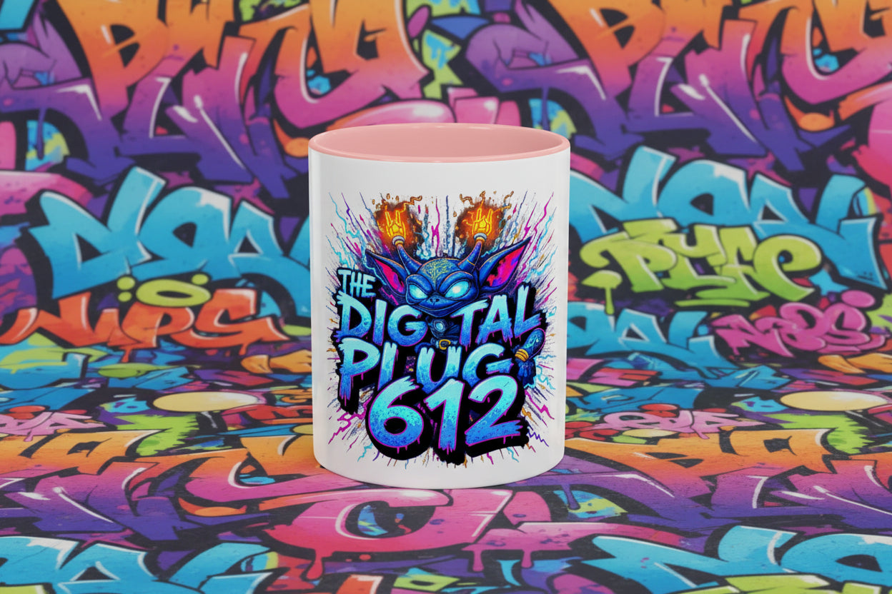 Mug with colorful design and text on a white background