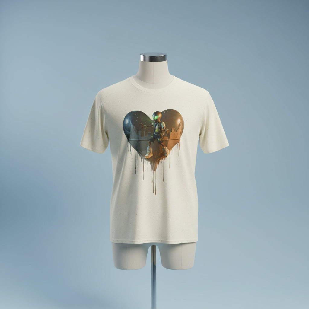 Beige t-shirt with a heart-shaped graphic design on a white background