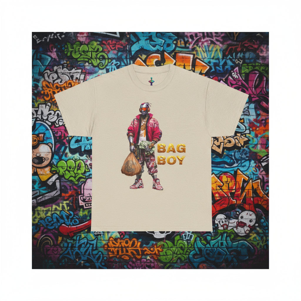 Beige t-shirt with a graphic of a person holding a bag and the text 'Bag Boy' on a white background.