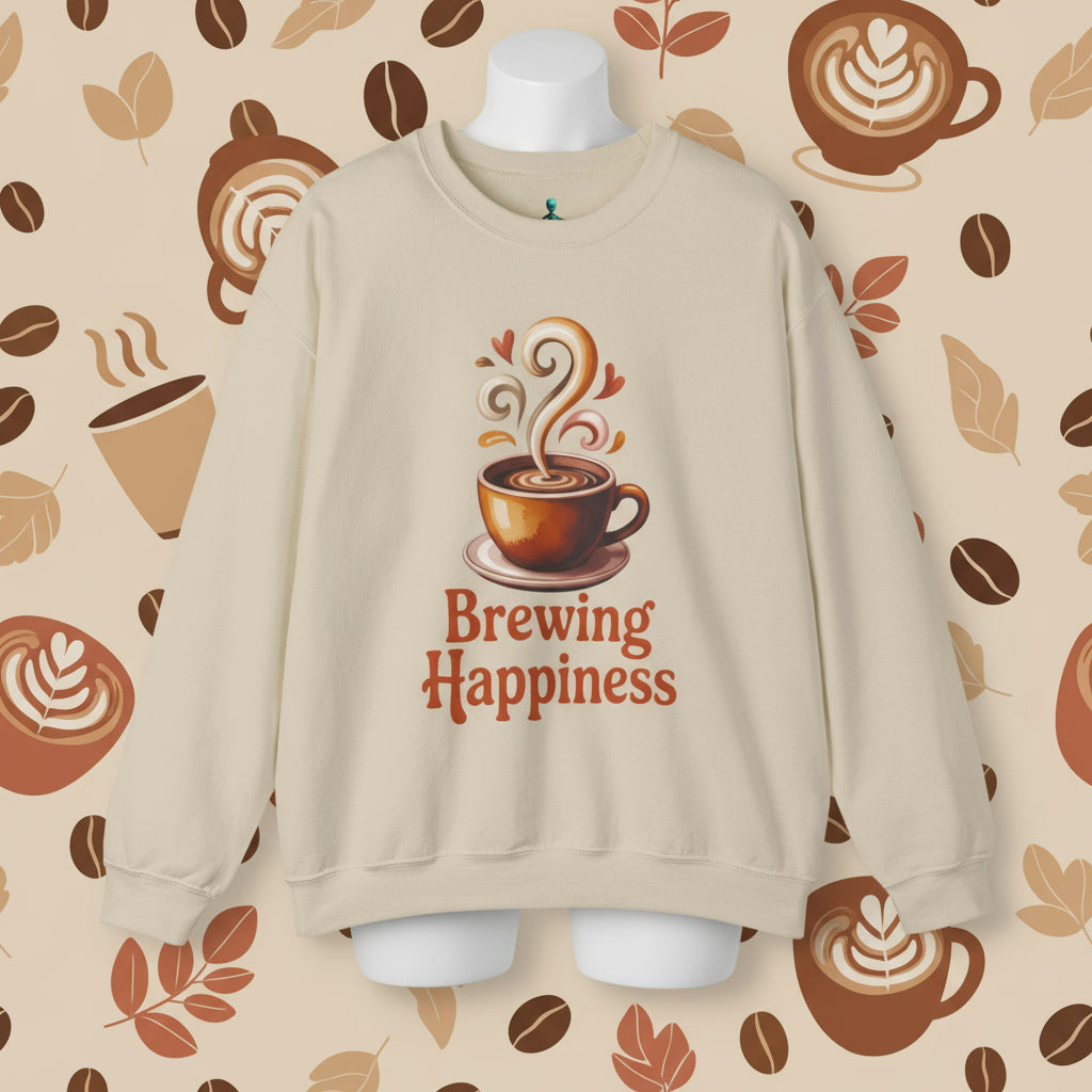 Beige sweatshirt with a coffee cup graphic and 'Brewing Happiness' text on a white background