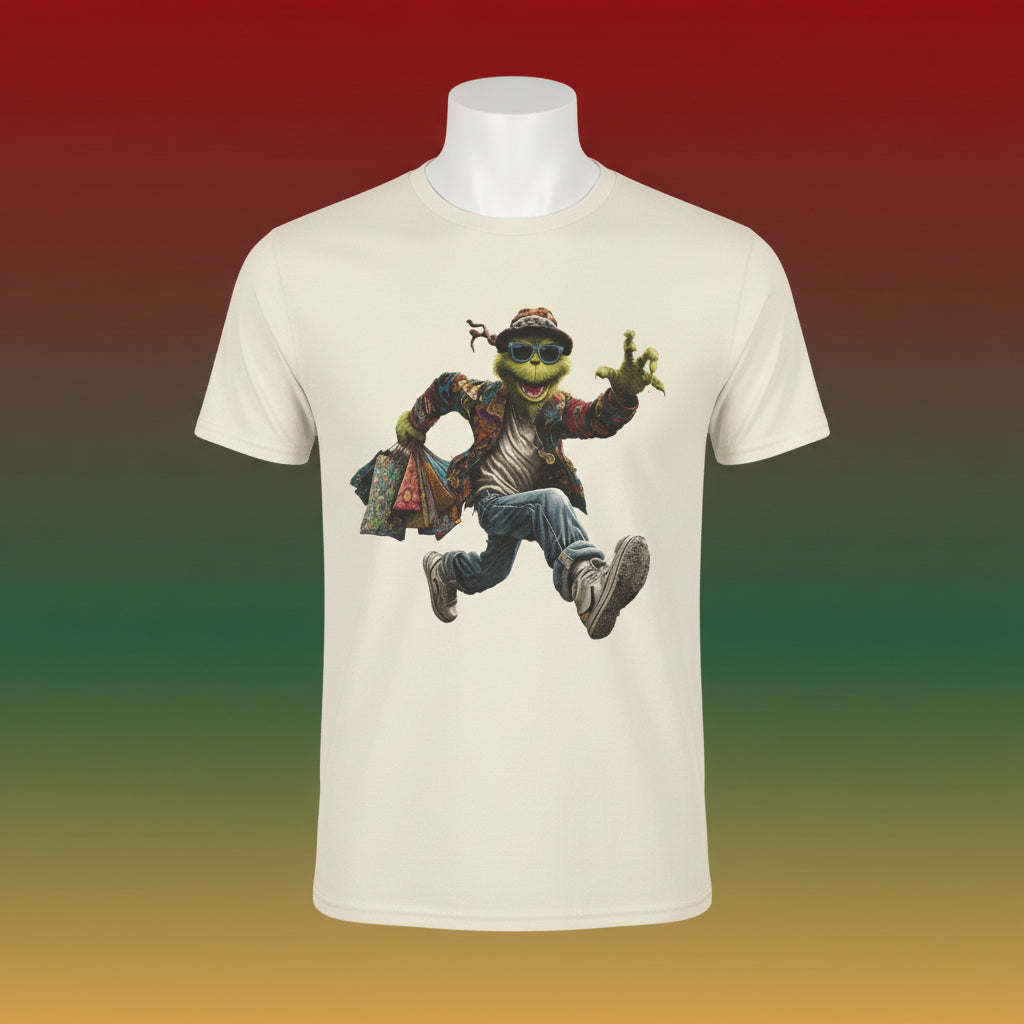 Beige t-shirt with a graphic of a character in a stylish outfit on a white background
