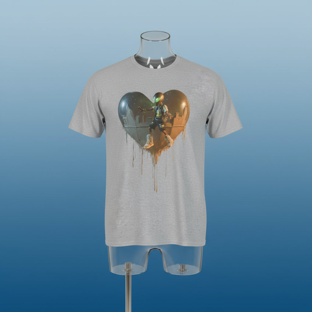 Gray t-shirt with a graphic design of a heart and a character on a white background