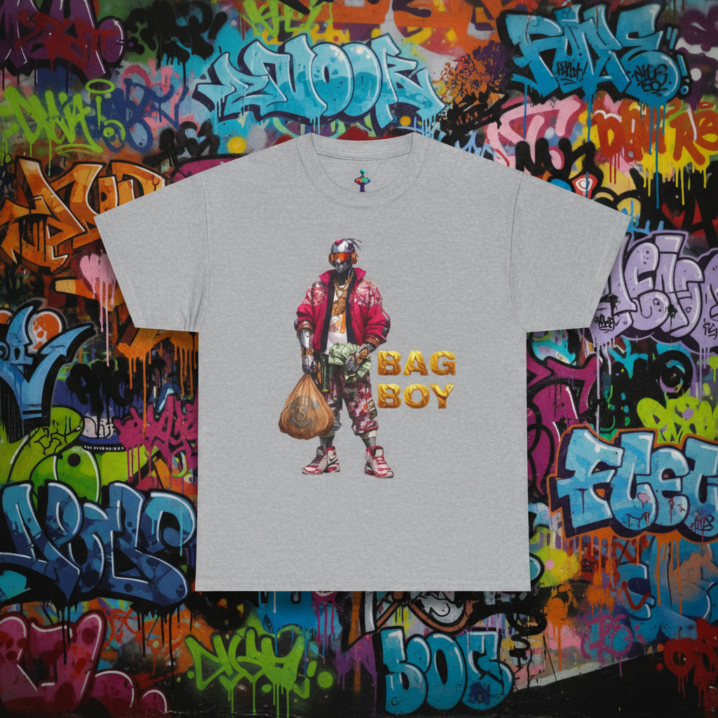 Gray t-shirt with a graphic of a person holding a bag and the text 'BAG BOY' on a white background.