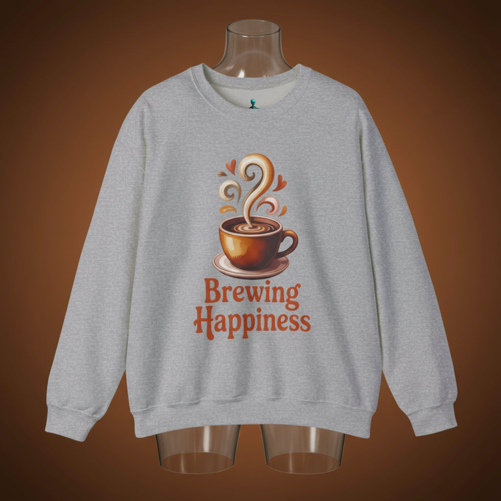 Gray sweatshirt with a coffee cup graphic and 'Brewing Happiness' text on a white background