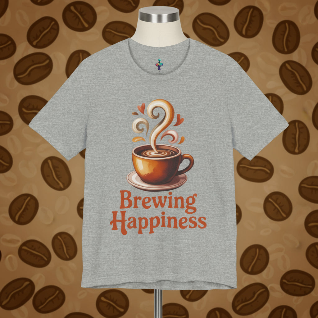 Gray t-shirt with a coffee cup graphic and 'Brewing Happiness' text on a white background