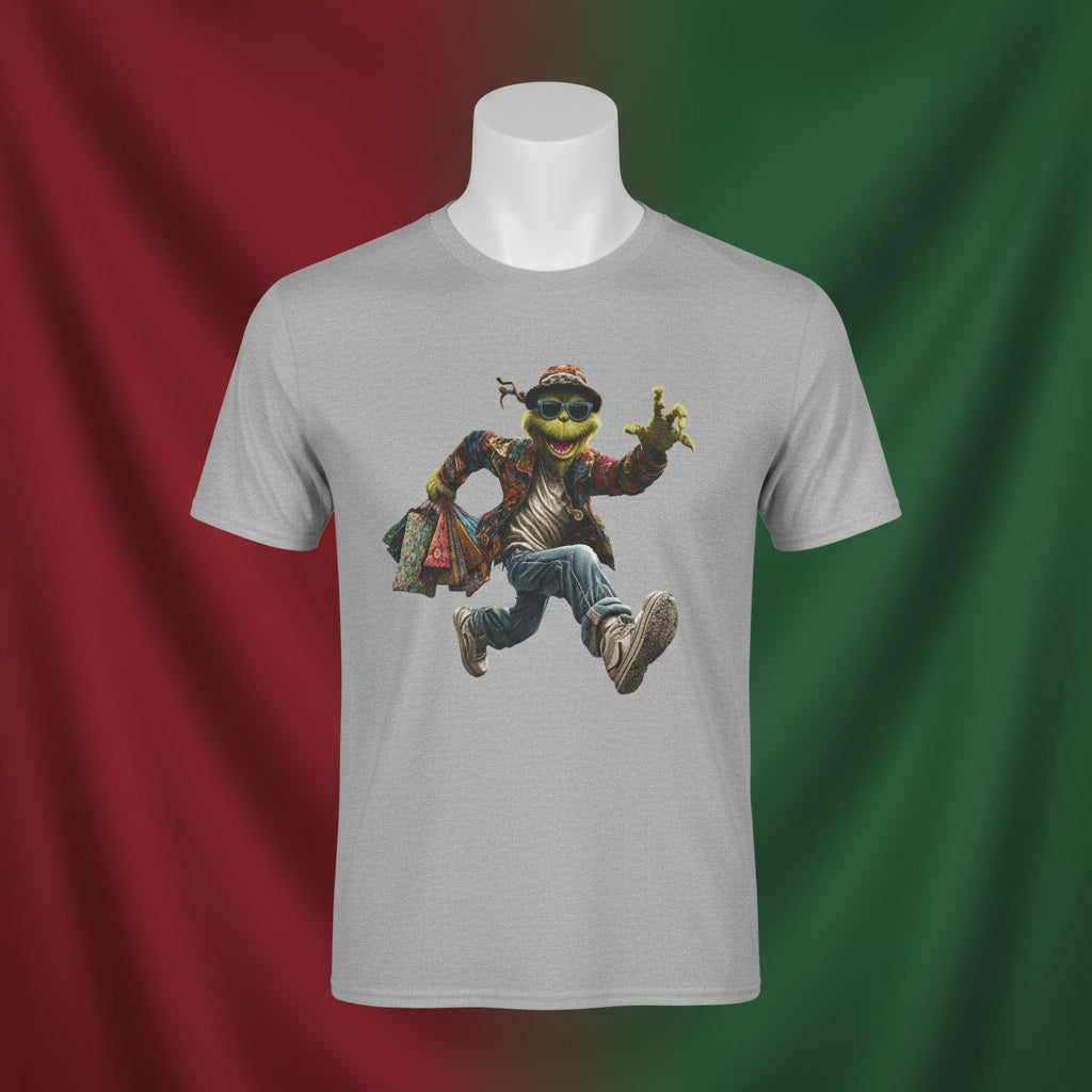 Gray t-shirt with a graphic of a character in a stylish outfit on a white background